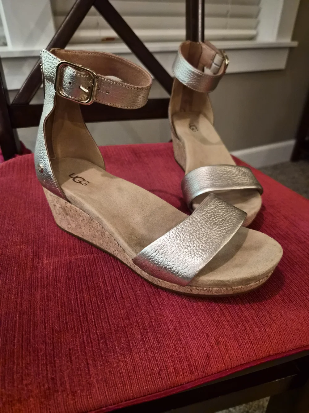 UGG Metallic Pale Gold Cork Wedge Sandals with Ankle Strap